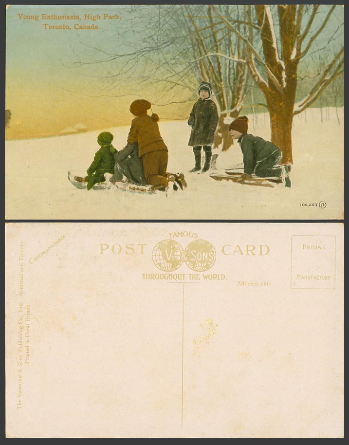 Canada Old Postcard Young Enthusiasts Snowy High Park, Sledding Sledging Toronto