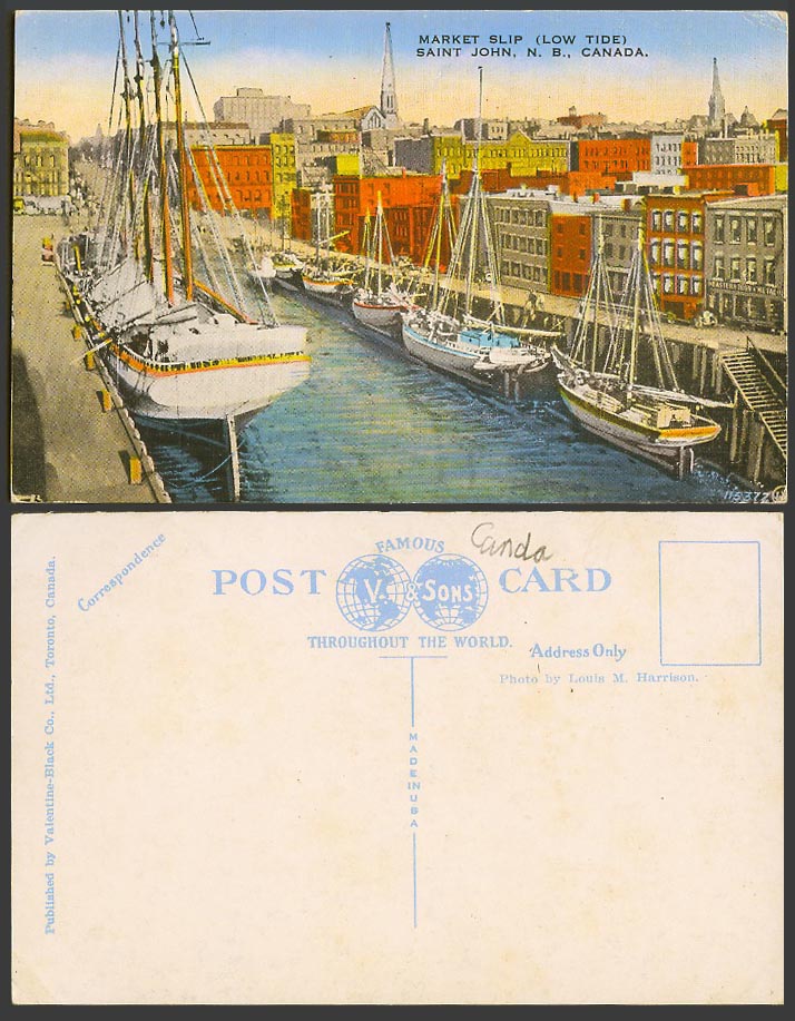 Canada Old Postcard Market Slip Low Tide St. Saint John N.B. Boats Yachts Street