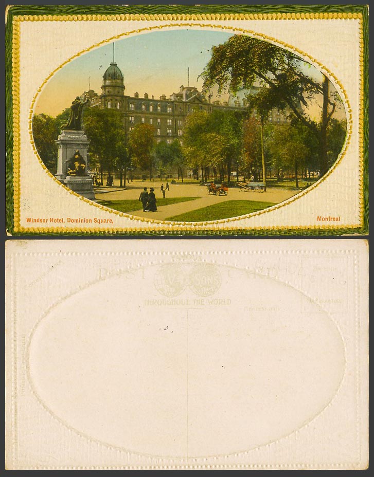 Canada Old Embossed Postcard Windsor Hotel, Dominion Square, Montreal, Monument