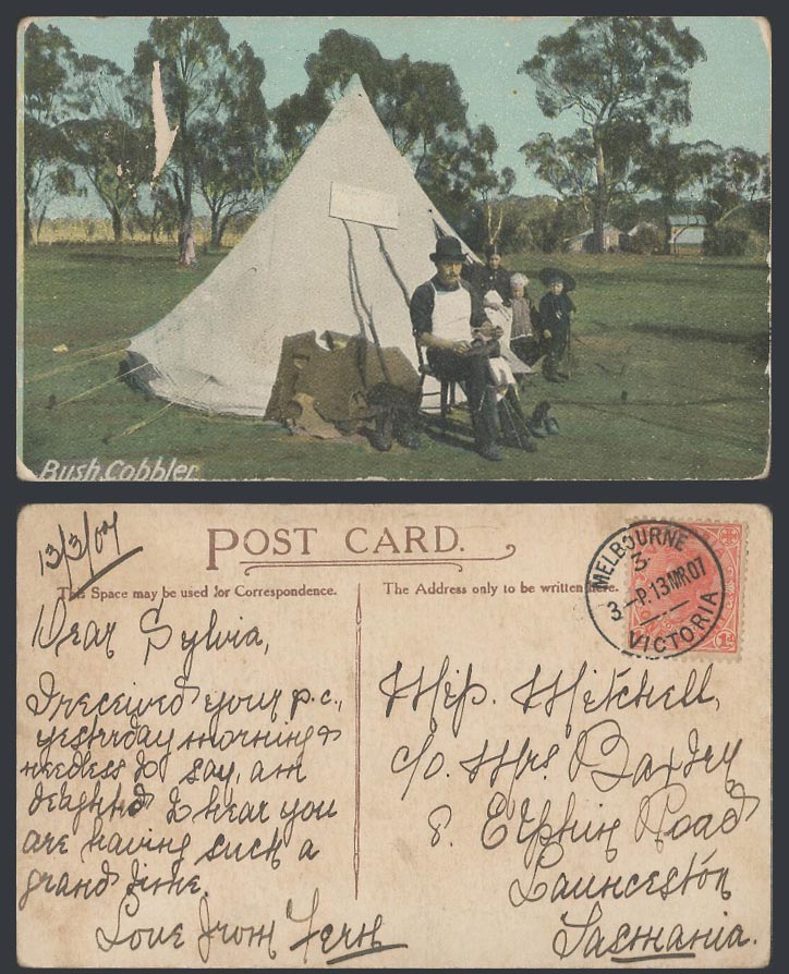 Australia Victoria QV 1d 1907 Old Postcard Bush Cobbler, Shoe Repairs, Tent Camp