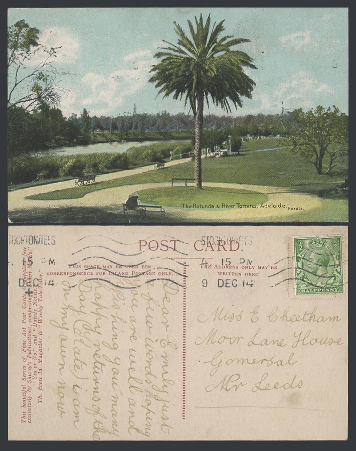 Australia Adelaide 1914 Old Color Postcard The Rotunda & River Torrens Palm Tree