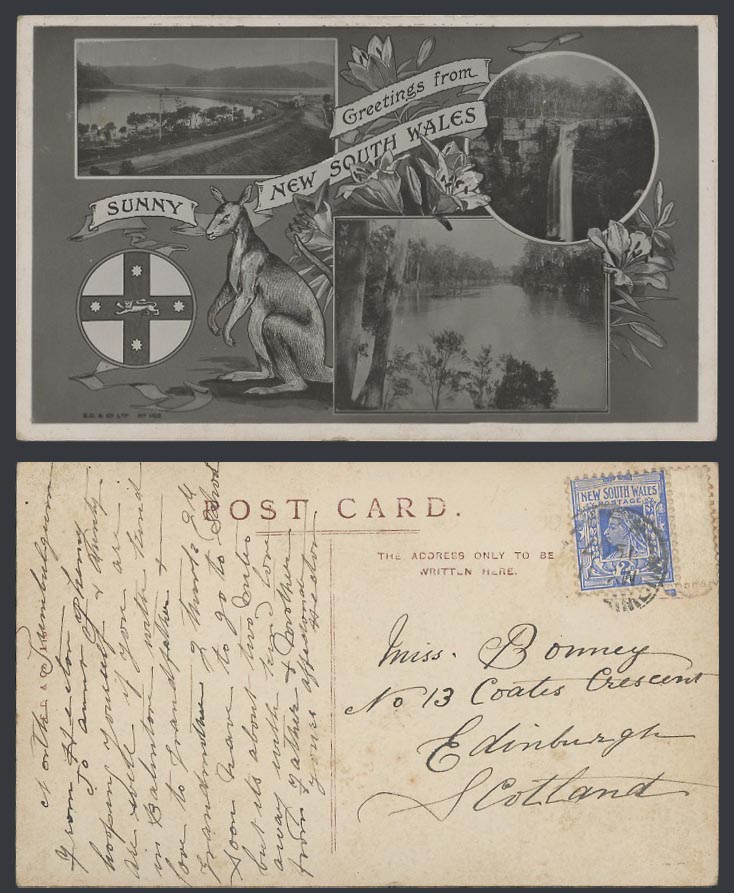 Australia New South Wales QV 2d 1907 Old Postcard Kangaroo Waterfall Coat of Arm