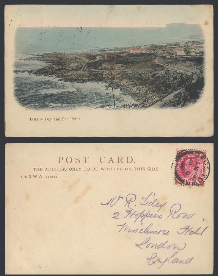 South Africa, KE7 1d 1909 Old UB Hand Tinted Postcard Botany Bay and Sea Point