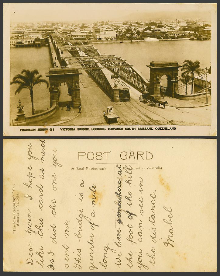 Australia Old Real Photo Postcard Victoria Bridge South Brisbane TRAM Tramway St