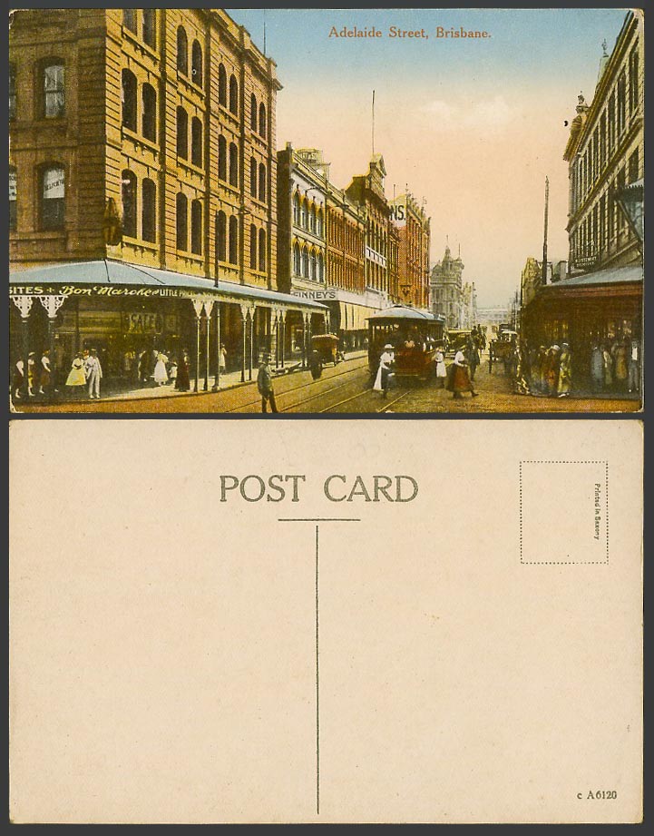 Australia Old Colour Postcard Brisbane Adelaide Street Scene, TRAM Tramway Shops