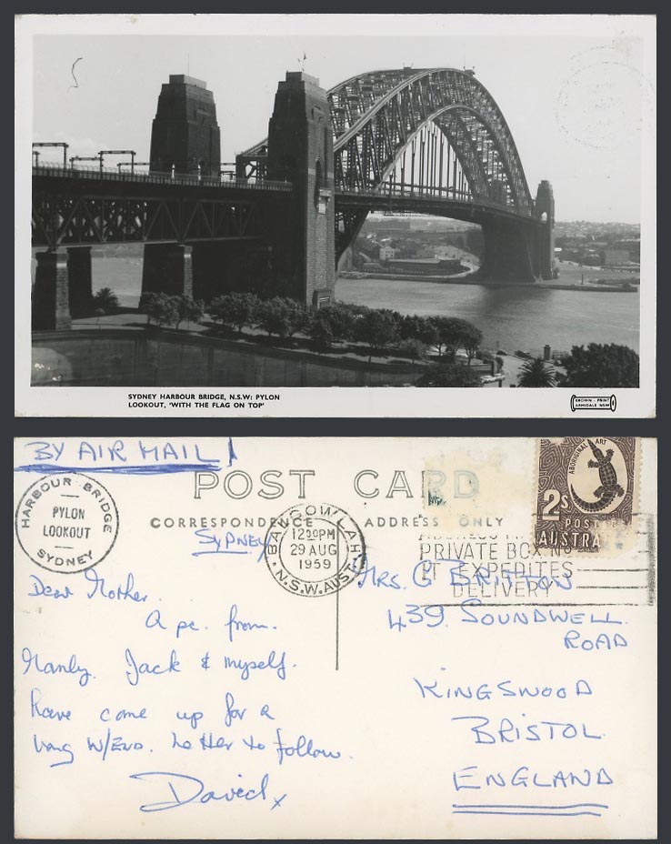 Australia 1959 Old Real Photo Postcard Sydney Harbour Bridge, Pylon Lookout Flag