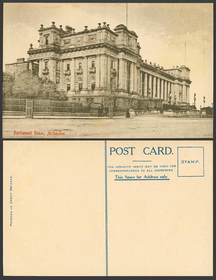 Australia Old Postcard Parliament House, Spring Street Scene, Melbourne Victoria