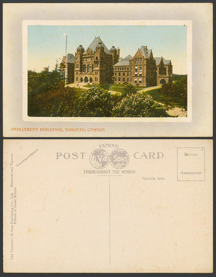 Canada Old Colour Postcard Parliament Buildings Toronto Ontario Valentine & Sons