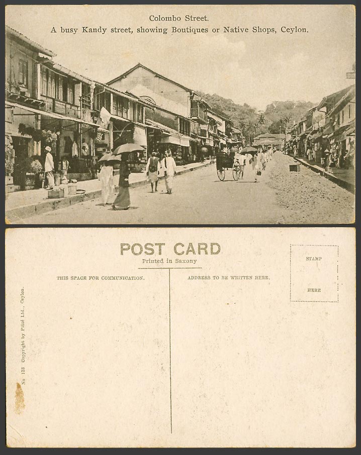 Ceylon Old Postcard Colombo Street Busy Kandy Street Show Boutiques Native Shops