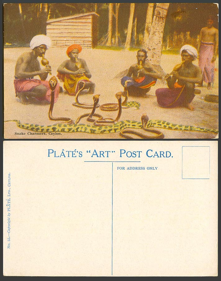 Ceylon Old Colour Postcard Cobra Snake Charmers Jugglers Pungi Flutes Plates ART