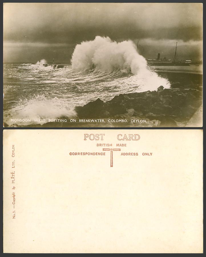 Ceylon Old Postcard Monsoon Wave Bursting on Breakwater, Colombo Lighthouse Ship