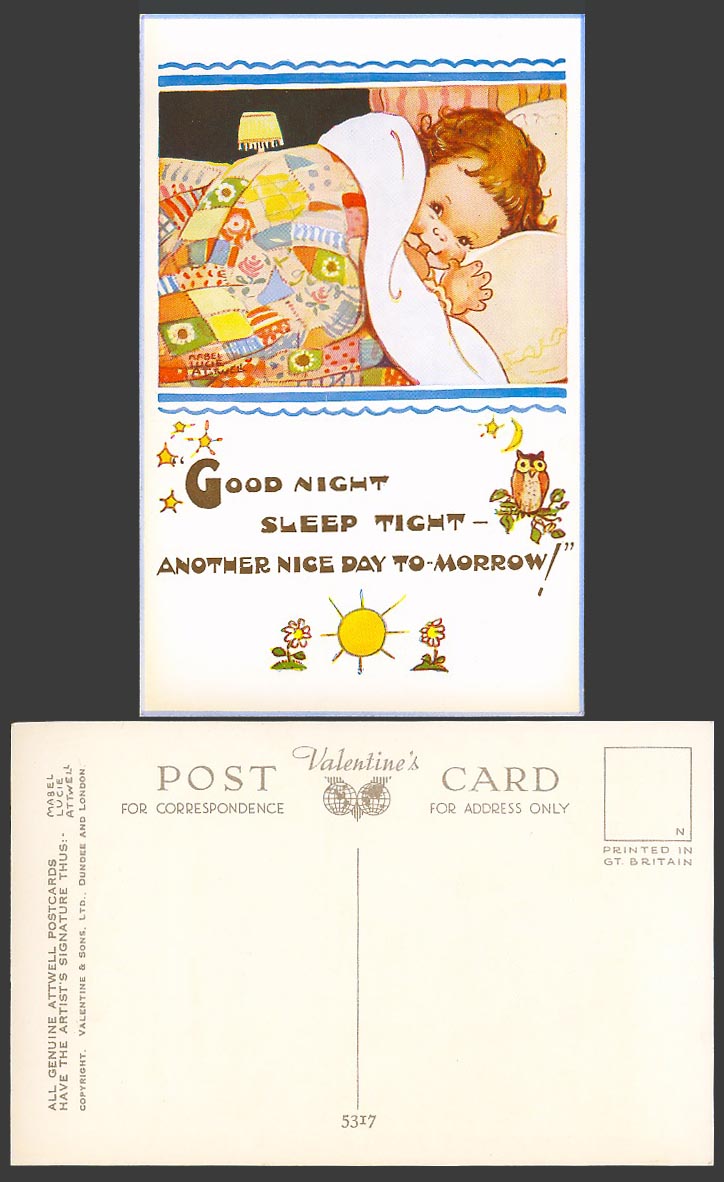 MABEL LUCIE ATTWELL Old Postcard Owl Bird Sleep Tight Nice Day Tomorrow No. 5317