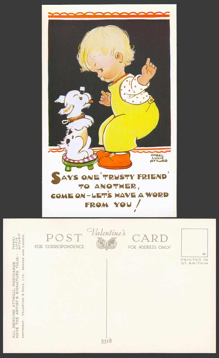 MABEL LUCIE ATTWELL Old Postcard Says One Trusty Friend a Word from You Dog 5318