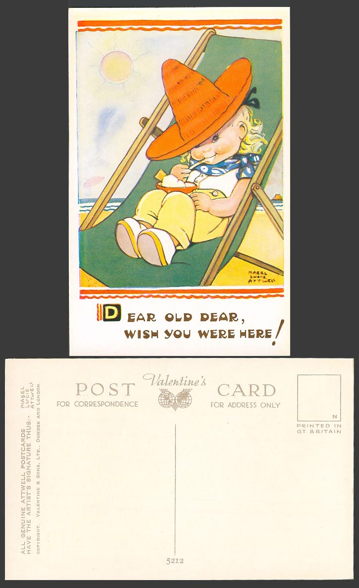 MABEL LUCIE ATTWELL Old Postcard Dear Wish You Were Here Ice Cream on Beach 5212
