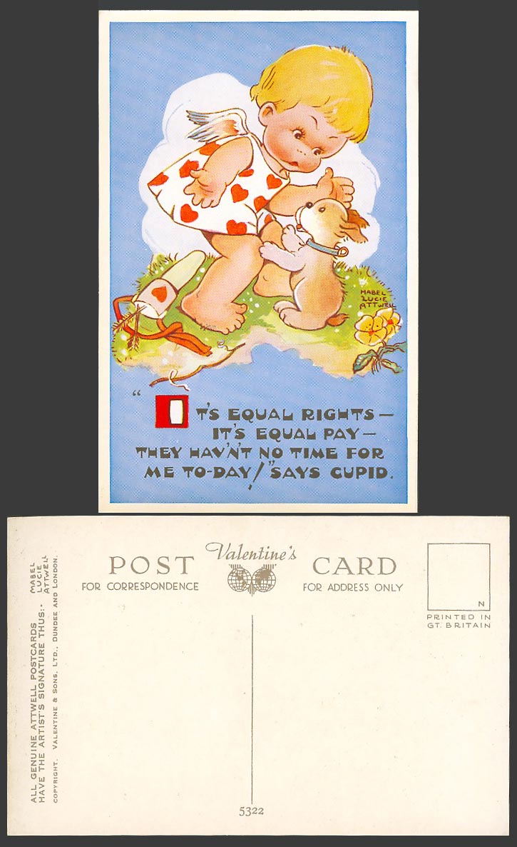 MABEL LUCIE ATTWELL Old Postcard Equal Rights & Pay, No Time For Cupid, Dog 5322