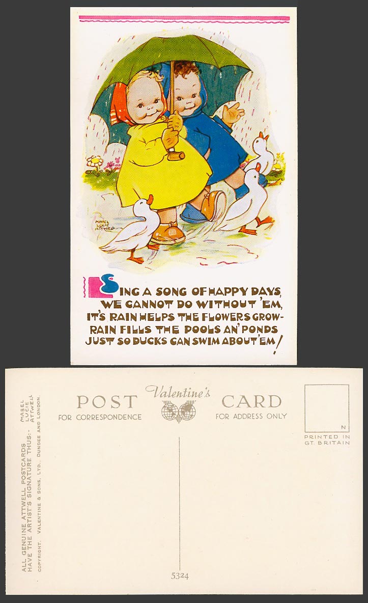 MABEL LUCIE ATTWELL Old Postcard Rain Helps Flowers Grow Bird Duck Can Swim 5324
