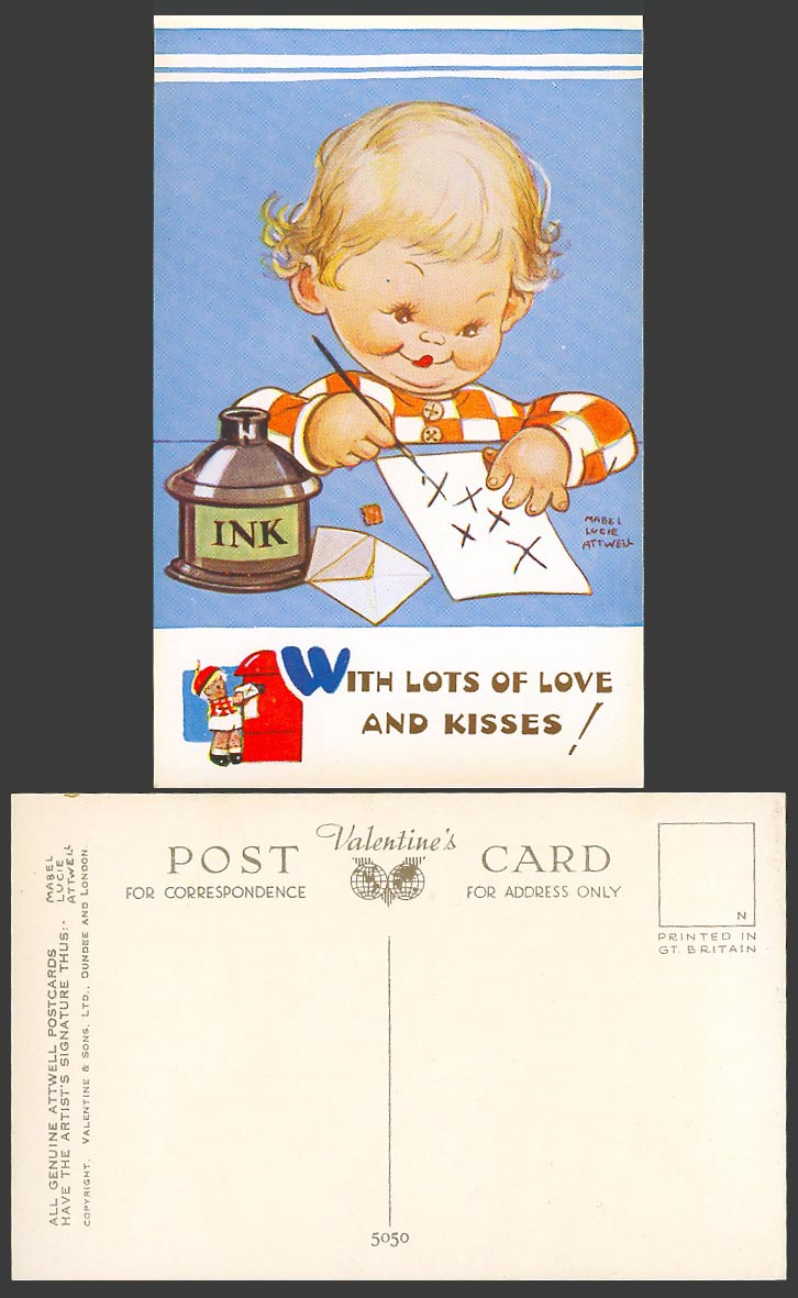 MABEL LUCIE ATTWELL Old Postcard With Lots of Love and Kisses, INK, Postbox 5050