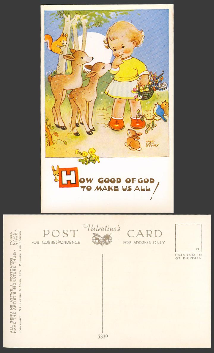 MABEL LUCIE ATTWELL Old Postcard How Good of God to Make Us All! Deer Birds 5330