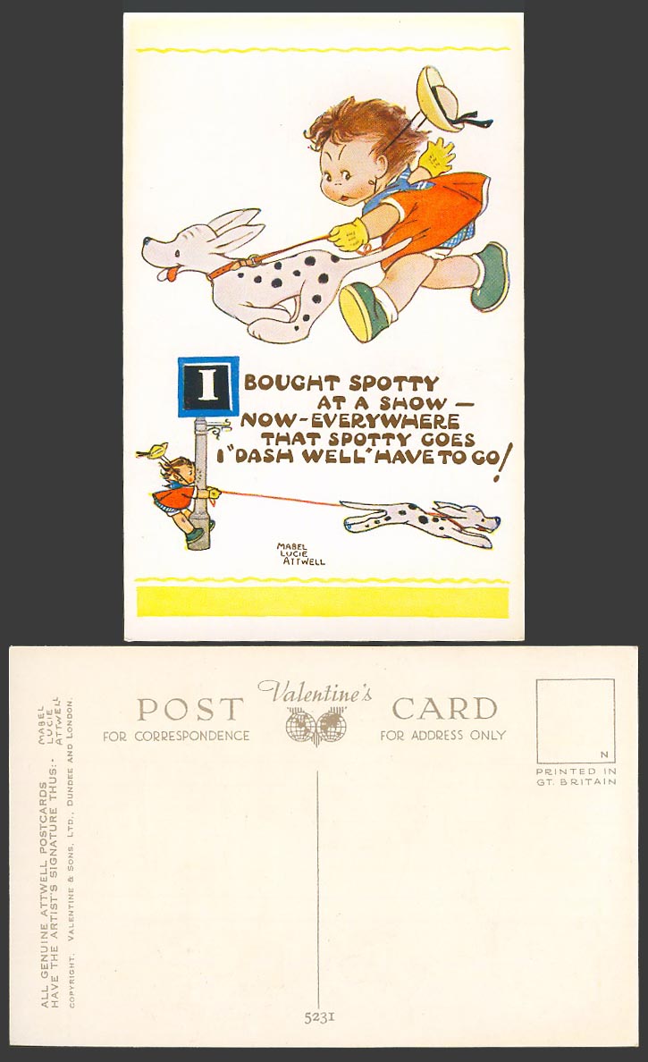 MABEL LUCIE ATTWELL Old Postcard Dalmatian Dog Girl Bought Spotty at a Show 5231