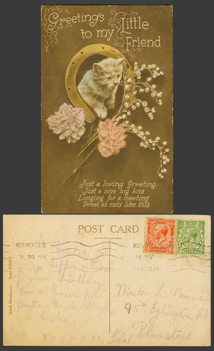 Cat Kitten, Horseshoe, Flowers, Greetings to my Little Friend 1912 Old Postcard