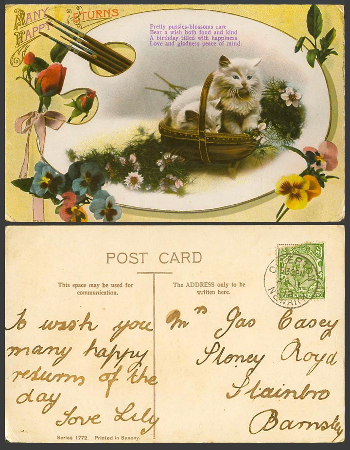 Cat Kitten in Basket Pansy Flowers Easel 1912 Old Postcard Many Happy Returns