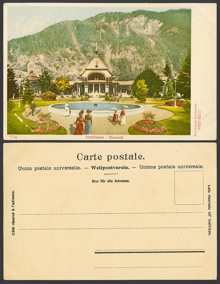 Switzerland Swiss Old UB Postcard Interlaken Kursaal Fountain Gardens Hill Women