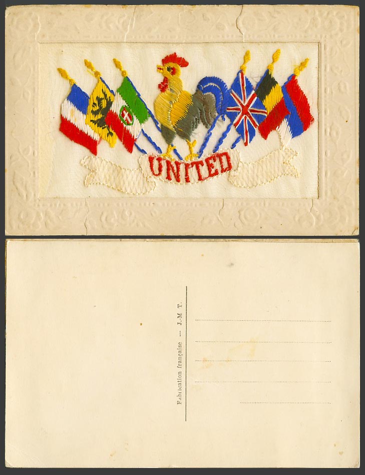WW1 SILK Embroidered Old Postcard United, Chicken Cock Rooster Bird Flags J.M.T.