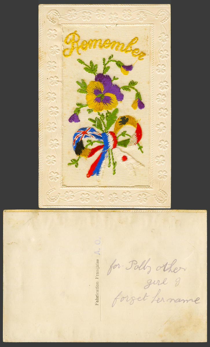 WW1 SILK Embroidered Old Postcard Remember Pansy Flowers Flags Novelty Greetings