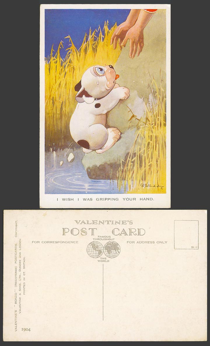 BONZO DOG GE Studdy Old Postcard I Wish I Was Gripping Your Hand Puppy Rock 1904