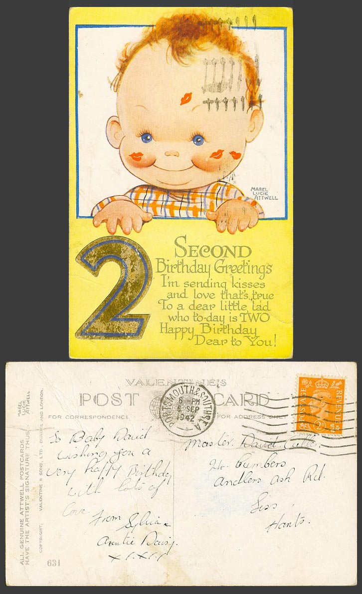 MABEL LUCIE ATTWELL 1942 Old Postcard 2nd Second Birthday Lipsticks of Kisse 631