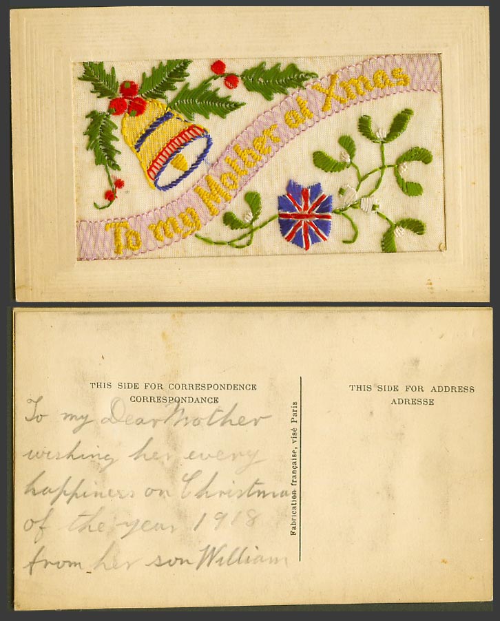 WW1 SILK Embroidered Old Postcard To My Mother at Xmas Bell Holly Mistletoe Flag