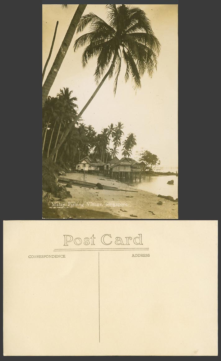 Singapore Old Real Photo Postcard Malay Fishing Village, Beach Houses Palm Trees