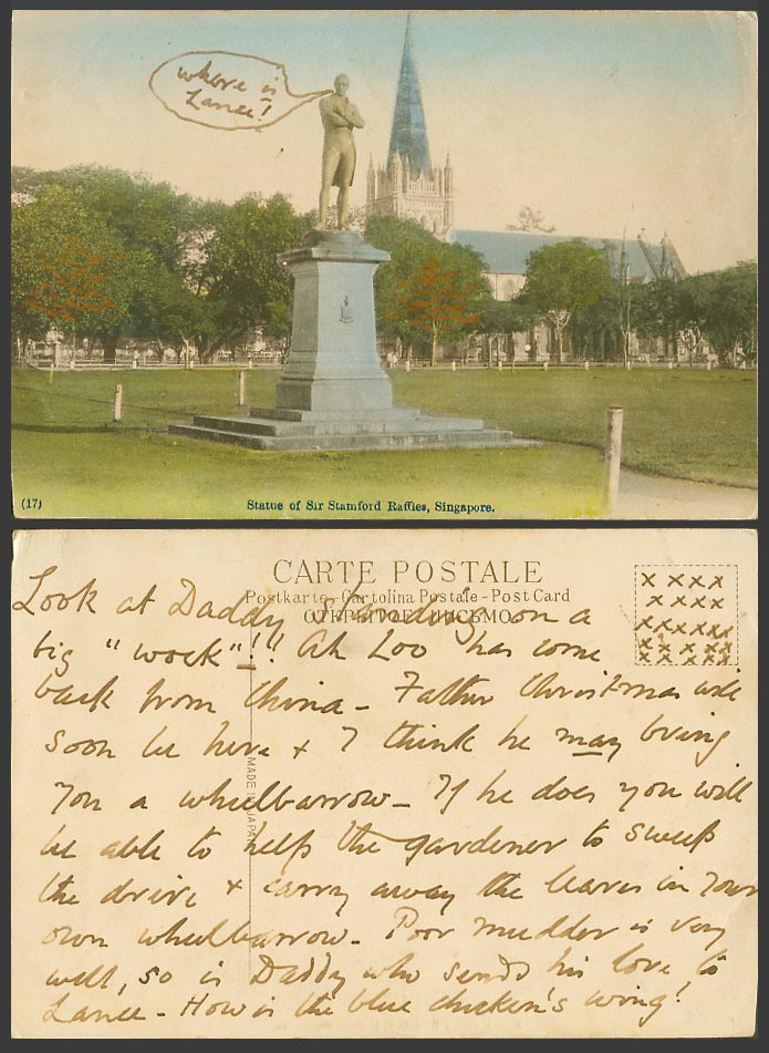 Singapore Old Hand Tinted Postcard Statue of Sir Stamford Raffles St. Andrews 17