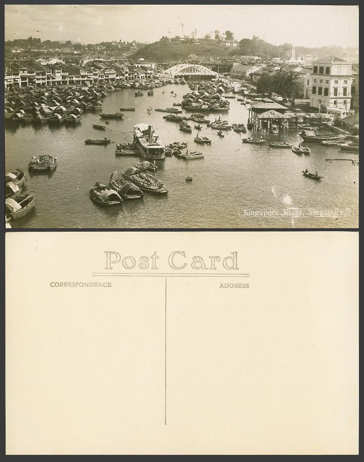 Singapore River Scene Old Real Photo Postcard Bridge, Sampan Boats Harbour Ferry