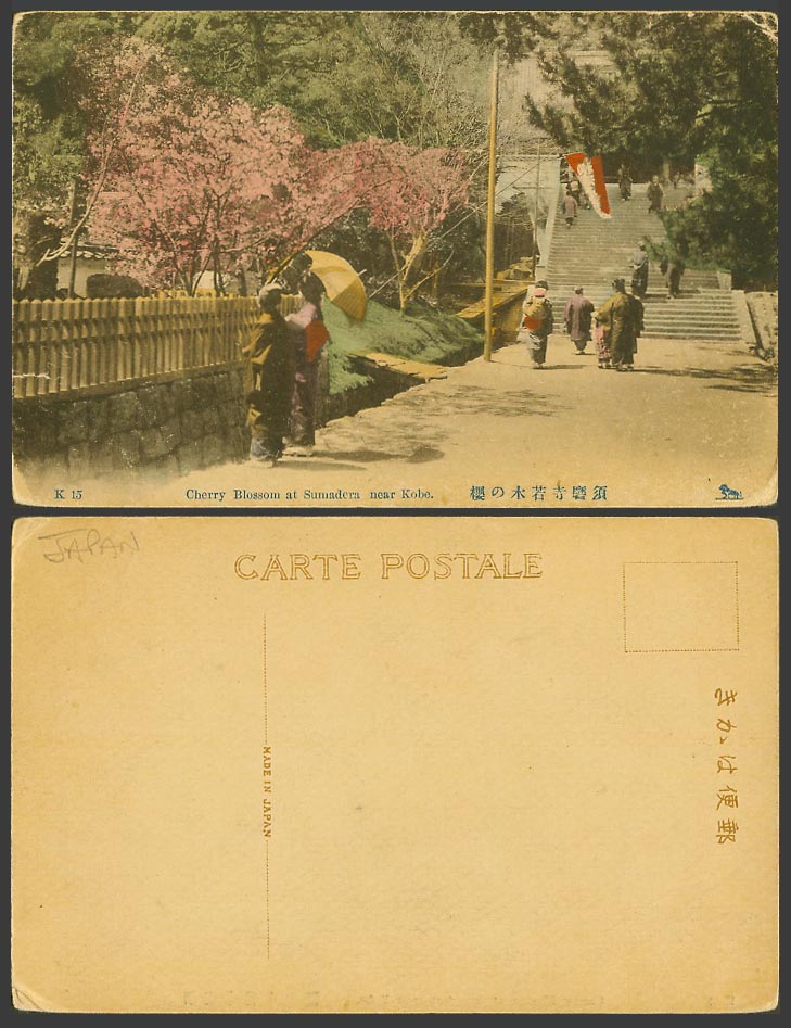 Japan Old Postcard Cherry Blossoms at Sumadera Temple, Kobe, Geisha Girls 須磨寺若木櫻