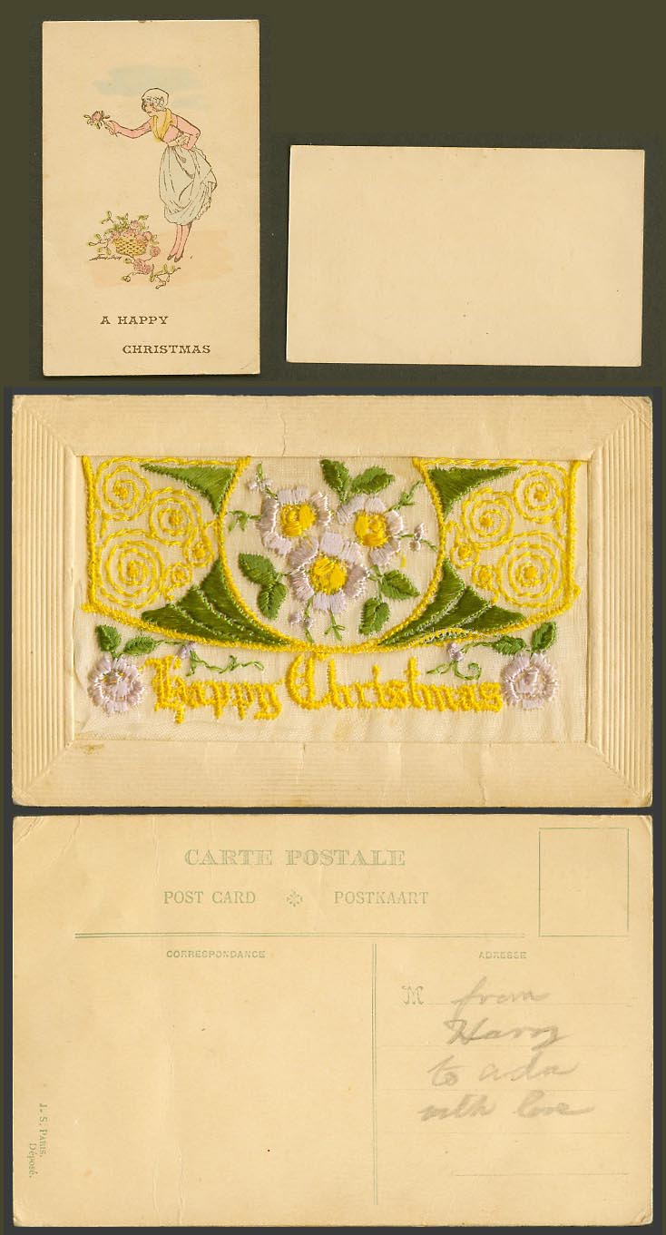 WW1 SILK Embroidered Old Postcard Happy Christmas A Happy Xmas Card in Wallet