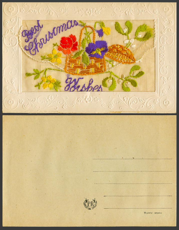 WW1 SILK Embroidered Old Postcard Best Christmas Wishes, Mistletoe Basket Wallet