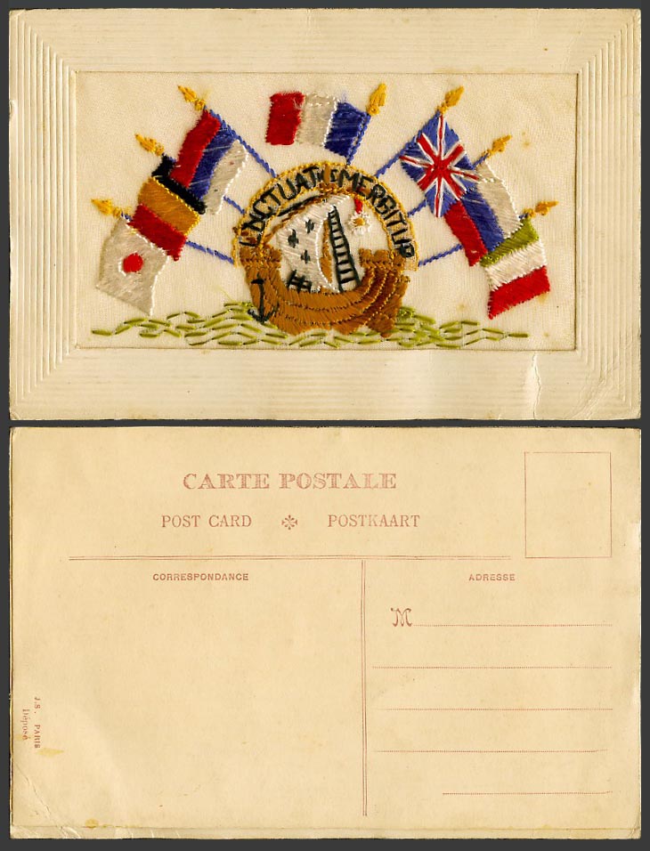 WW1 SILK Embroidered Old Postcard Flag Flags Sailing Boat Coat of Arms J S Paris