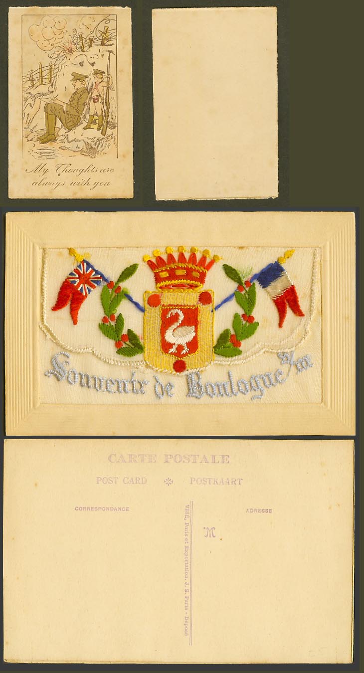 WW1 SILK Embroidered Old Postcard Souvenir de Boulogne-sur-Mer Swan Bird, Wallet