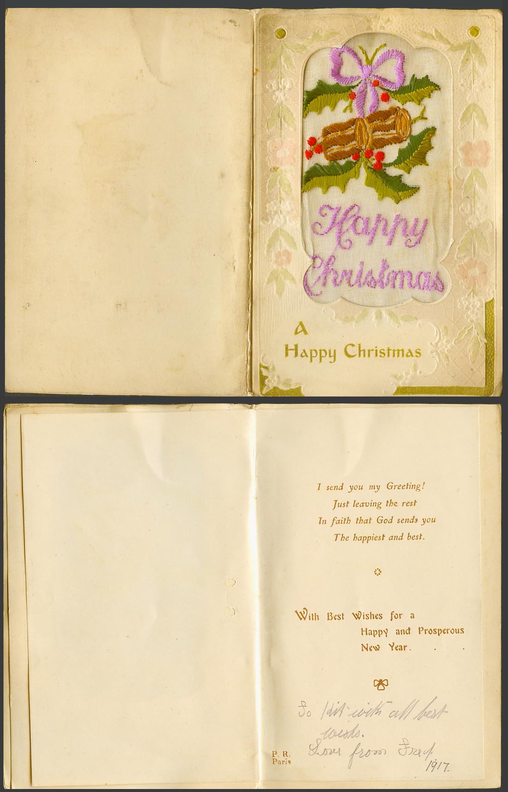 WW1 SILK Embroidered 1917 Old Greeting Card A Happy Christmas and New Year Holly