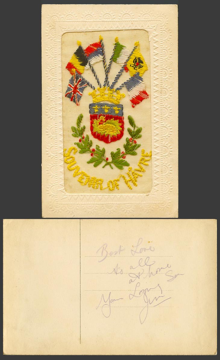 WW1 SILK Embroidered Old Postcard Souvenir du Havre, Flags, Dragon, Coat of Arms