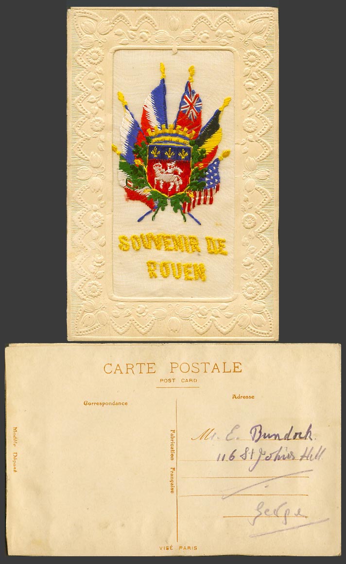 WW1 SILK Embroidered Old Postcard Souvenir of Rouen, France Flags & Coat of Arms