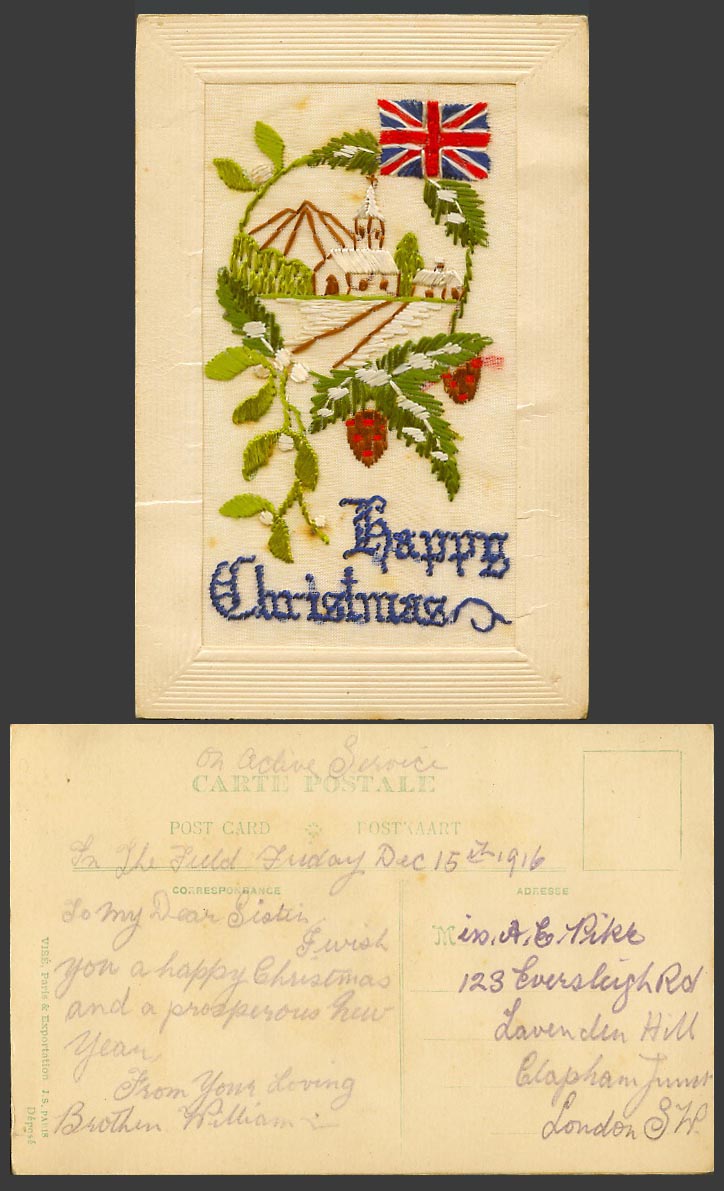 WW1 SILK Embroidered Old Postcard Happy Christmas British Flag Church Mistletoes