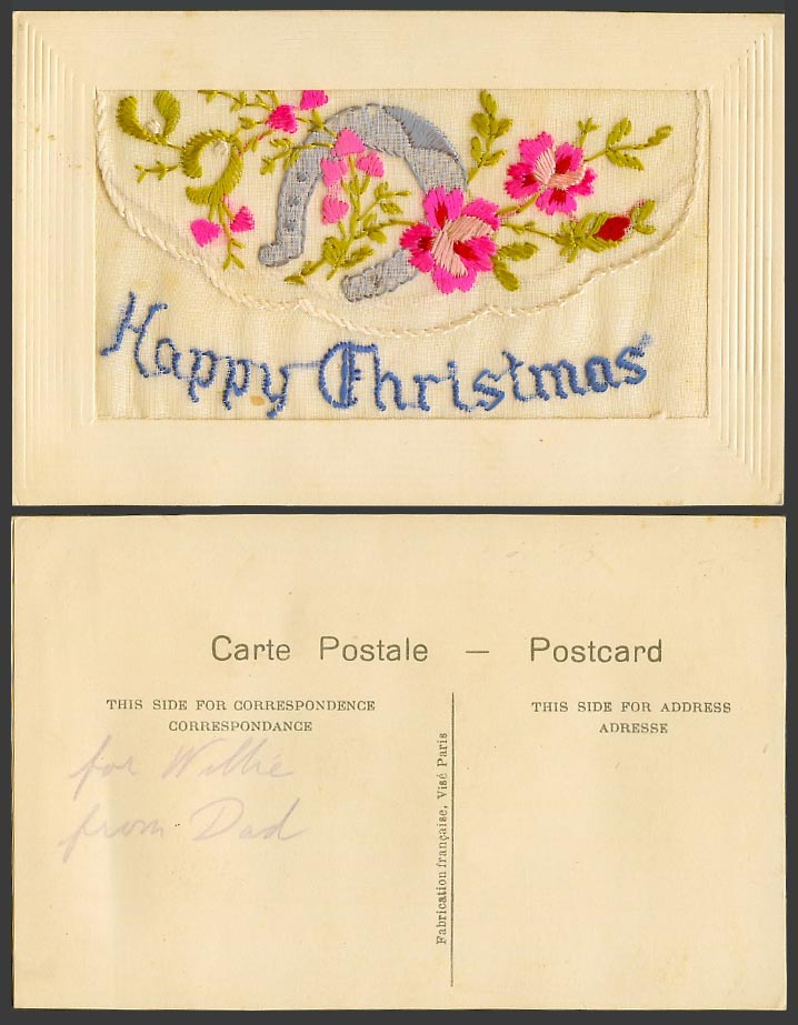 WW1 SILK Embroidered Old Postcard Happy Christmas Horseshoe Flowers Empty Wallet