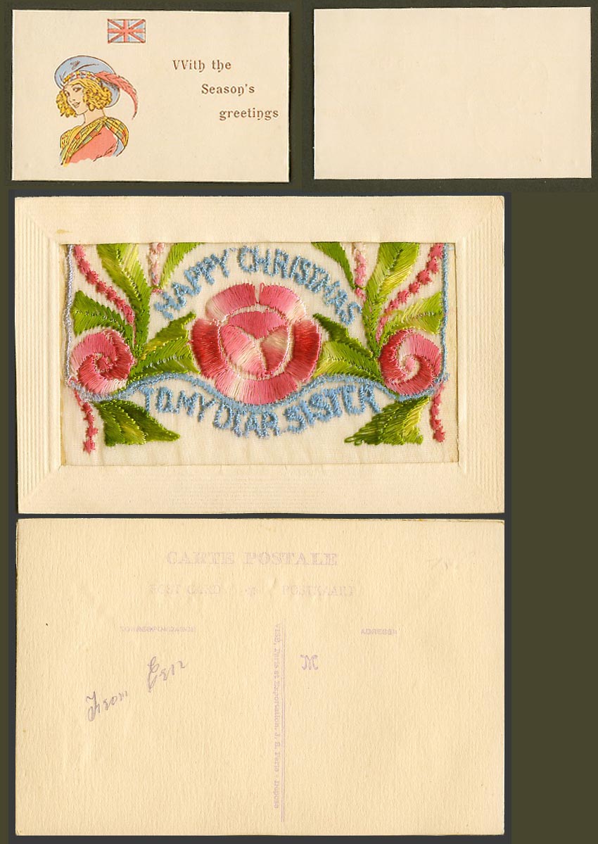 WW1 SILK Embroidered Old Postcard Happy Christmas To My Dear Sister, Flag Wallet