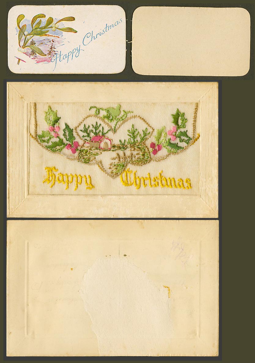 WW1 SILK Embroidered Old Postcard Happy Christmas, Cottage House, Card in Wallet