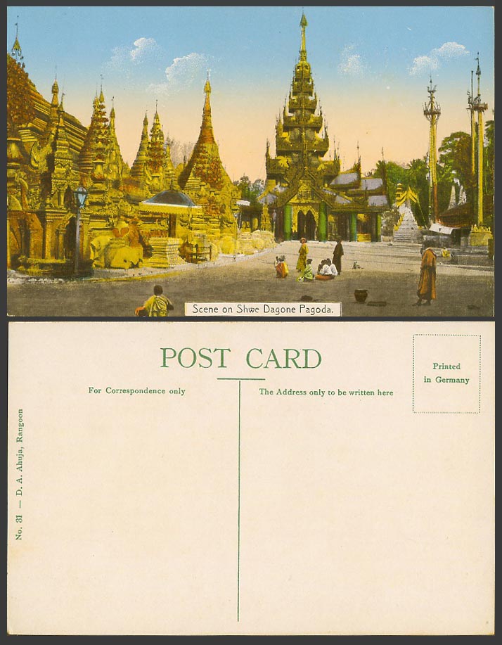 Burma Old Colour Postcard Scene on Shwe Dagone Pagoda Rangoon Temple Worshippers