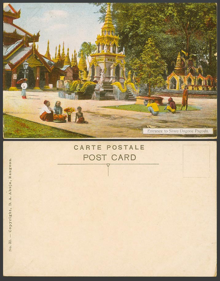 Burma Old Postcard Entrance to Shwe Dagone Pagoda Temple Rangoon, Flowers Seller