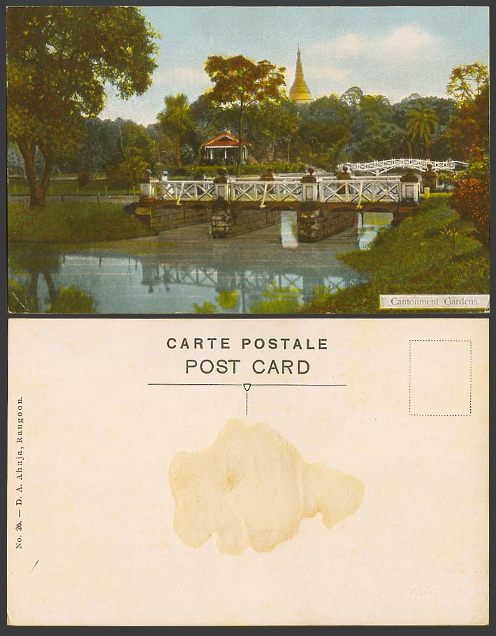 Burma Old Colour Postcard Cantonment Gardens Rangoon Bridge Bridges Pagoda No.26