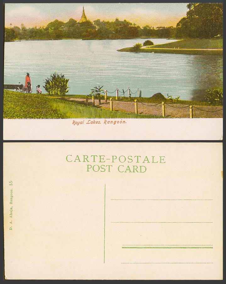 Burma Old Colour Postcard Royal Lakes Rangoon, Yangon Pagoda Woman Child Lake 55